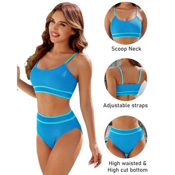 BMJL Womens S Blue Two-Piece Ribbed Swimsuit With Scoop Neck & Adjustable Straps - Picture 4 of 7